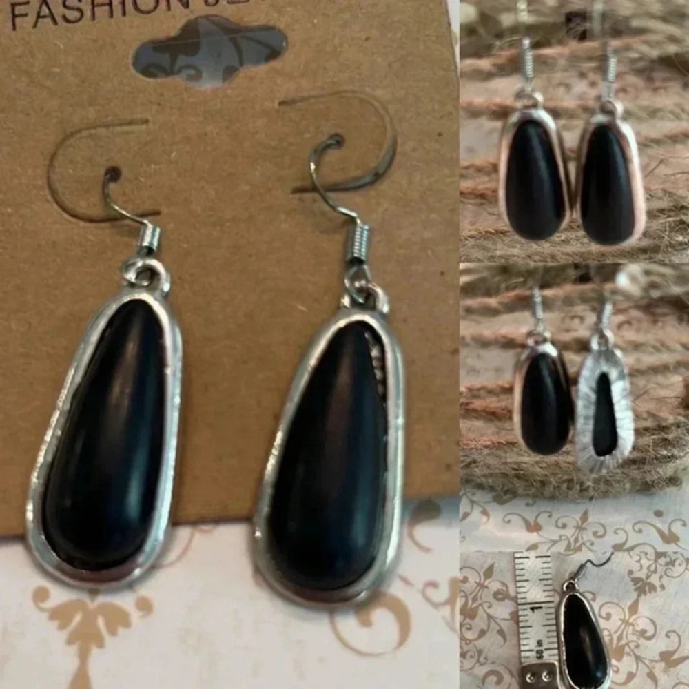 Black Teardrop Stone Dangle Earrings – Silver Tone Boho Chic Jewelry